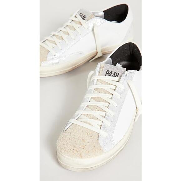 P448 John Lama Sneaker White Silver Lace Up Low Top Leather Sz 41 / 10.5 - Picture 2 of 12